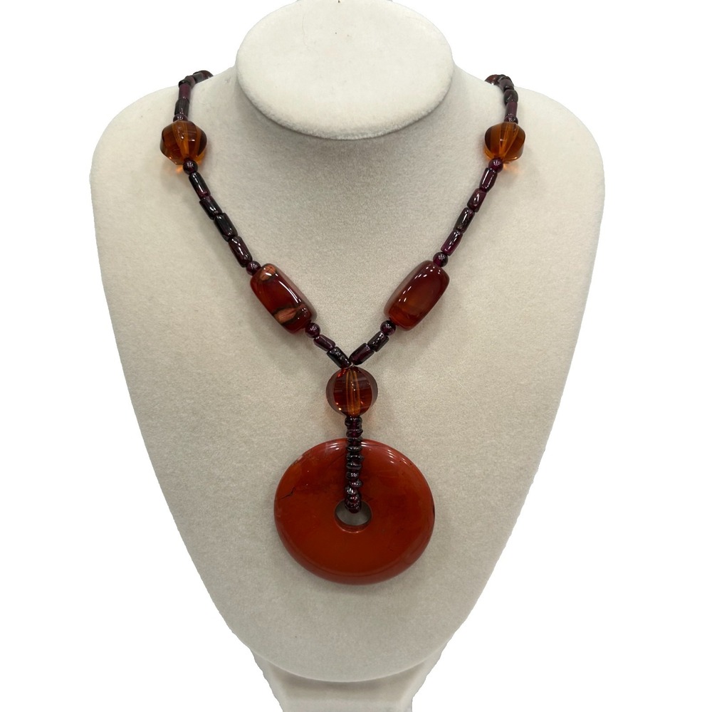 Vintage Style Brown Carnelian Agate Donut Pendant‎ Beaded Statement Necklace 21"